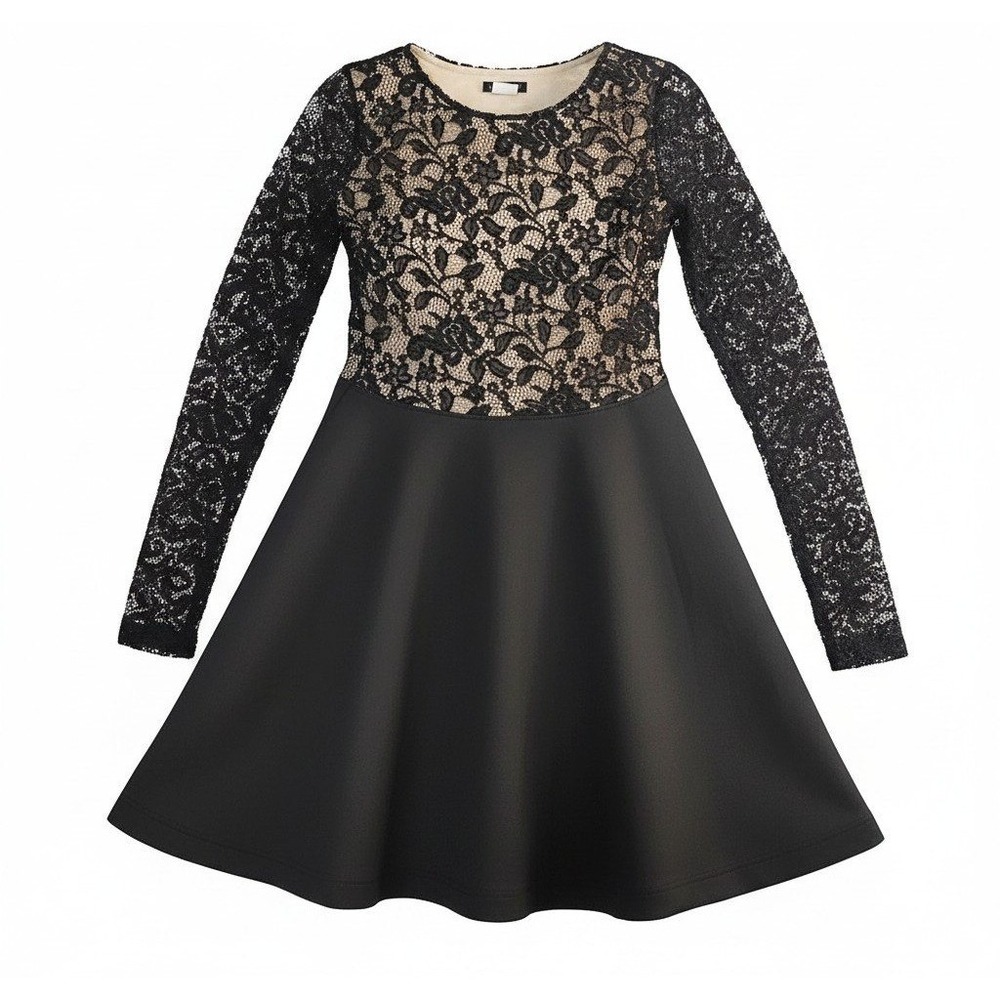Venus Womens XS Black Lace Fit and Flare Dress Long Sleeve Nude Lining 42123